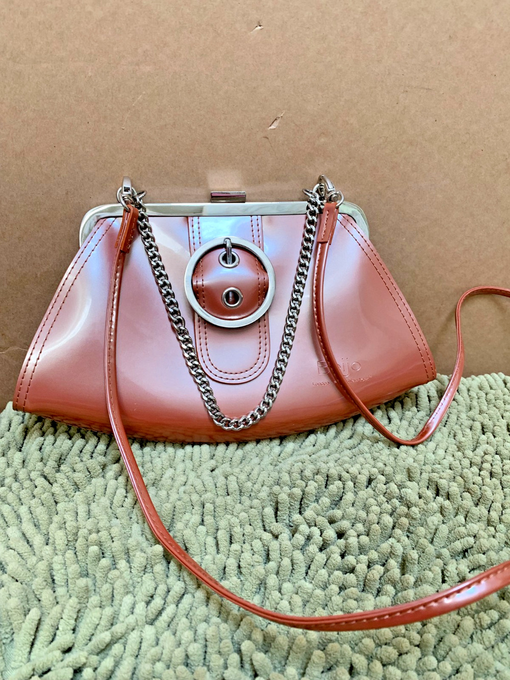 BEIJO Kiss Lock Framed Patent Leather Chain Handle Xbody Demi Bag Burnt Sienna